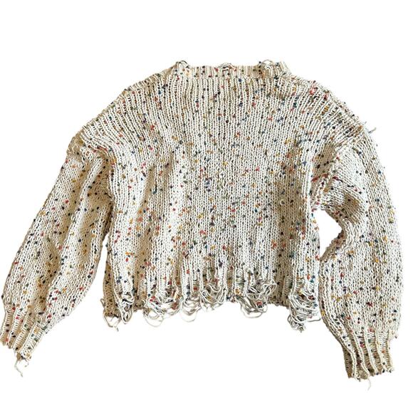 Adora Sweater SZ Med Distressed Rag Multicolor Pom Pom's Oversized Crop Chunky - Picture 5 of 7